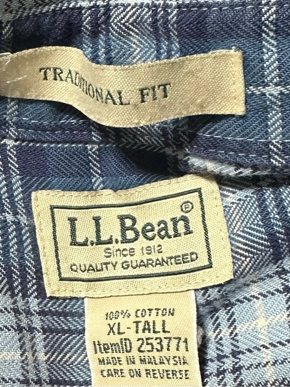 L.L. Bean Plaid Flannel Shirt Traditional Fit Blue Mens Size XL Tall Cotton XLT